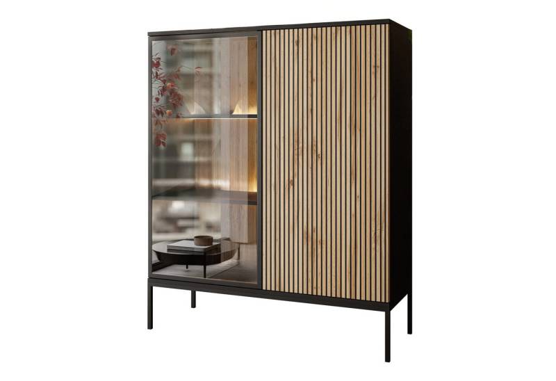 Lookway Hochschrank ECLIPSE WT104 niedrige Vitrine mit Beleuchtung Eiche schwarz wotan Breite : 104 cm von Lookway