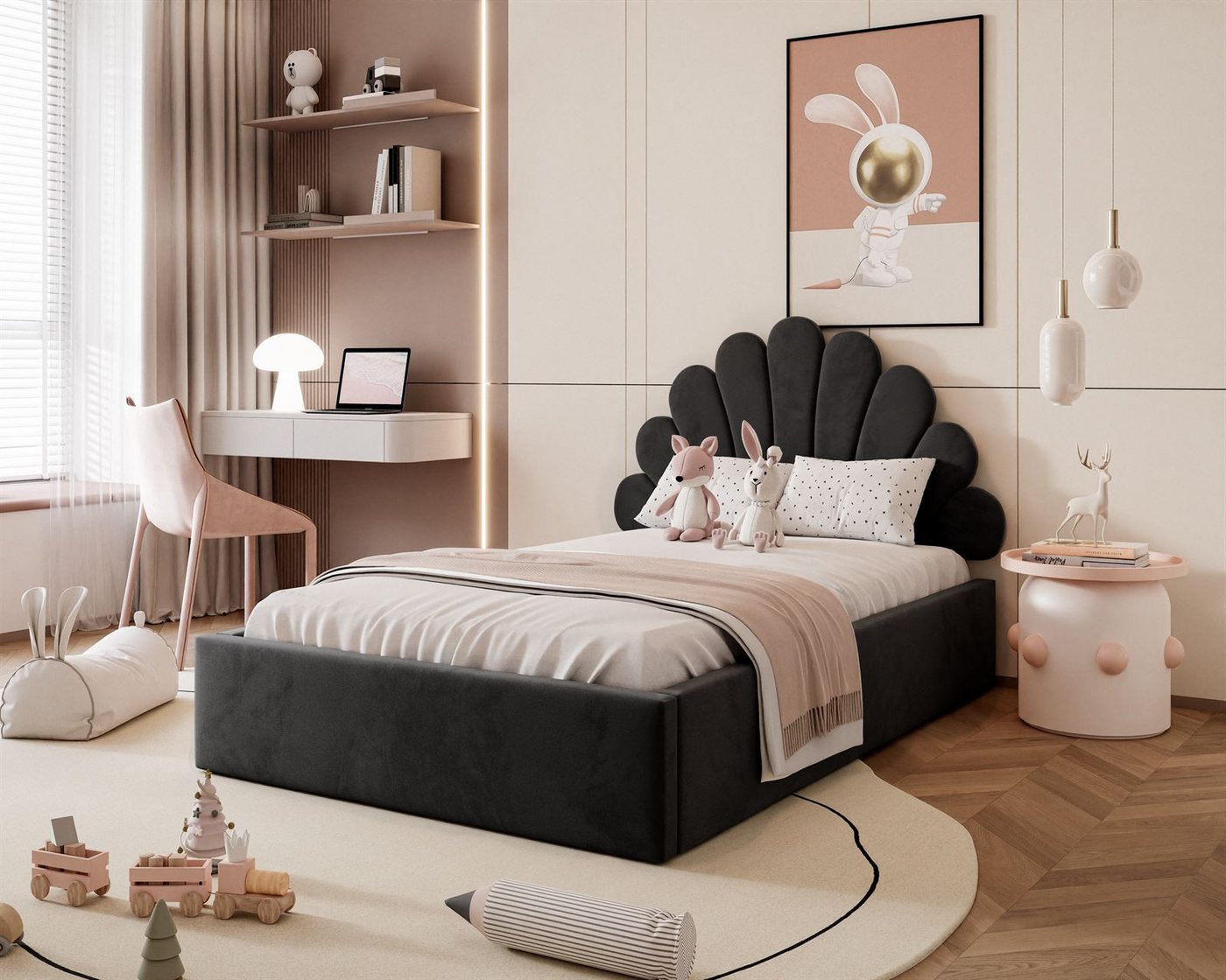 Lookway Polsterbett ASHLEY mit Muschel-Kopfteil und Bettkasten (Bett mit Metallgestell), 4 Größen und Farben von Lookway