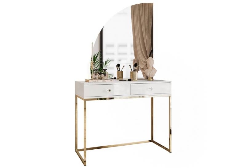 Lookway Schminktisch QUINNIE Weiß mit Goldchrom-Gestell und Spiegel mit LED-Beleuchtung (1x Schminktisch 1x Spiegel), Breite: 100cm von Lookway