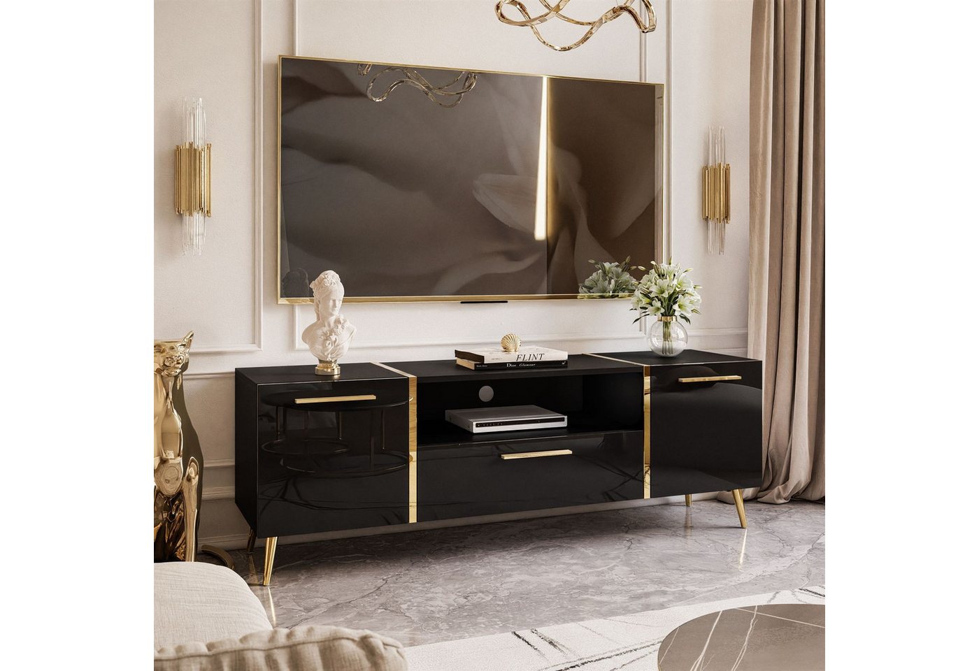 Lookway TV-Board TV-Schrank ONYX auf goldenen Beinen Hochglanz 158 cm Griffe von Lookway