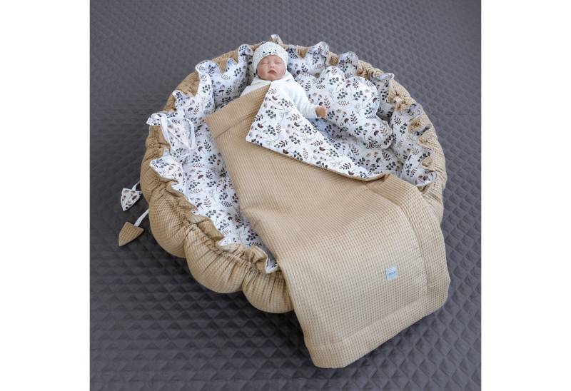 Loolay Baby-Reisebett Zweiseitig ENGELSNEST XXL Premium WAFFELPIQUE + Decke + Kissen, 2-tlg., Babynest TAUPE Beige/ BLUMEN BRAUN Baumwolle Krabbeldecke von Loolay