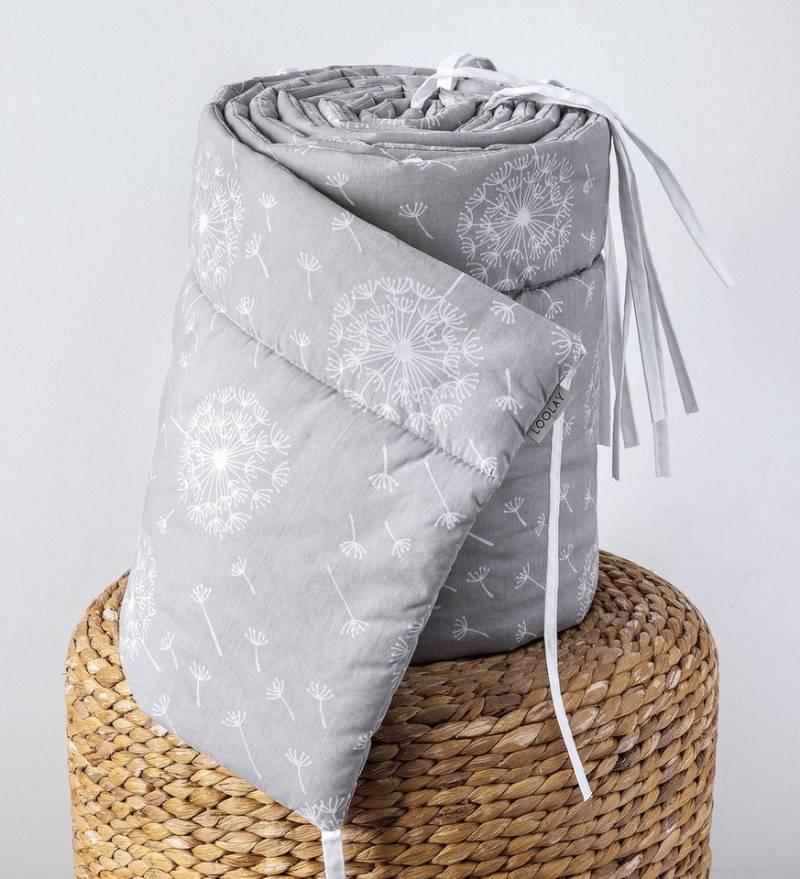 Loolay Bettnestchen PUSTELBLUME Baumwolle Grau Weiß Nestchen Babybett BETTUMRANDUNG, (TOP Qualität Babyausstattung Erstausstattung für Kinderbett 140x70 o. 120x60 cm, Umrandung Kopfschutz Bett Schutz Bettschlange 420, 360, 210, 180x30cm), BESTSELLER Premium GESCHENK für Eltern und Neugeborene Baby! von Loolay