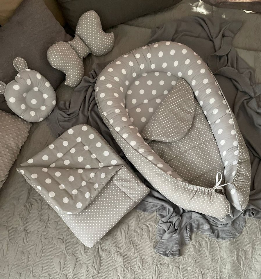 Loolay Bettnestchen Punkte/ Mini Pünktchen GRAU BAUMWOLLE Nestchen SETS, (SOLO oder im SETS, Neugeborene Babyaustattung Geschenk Reisebett Kuschelnest), 100% Europäische Stoffe und Kleinserien-Nähen! von Loolay