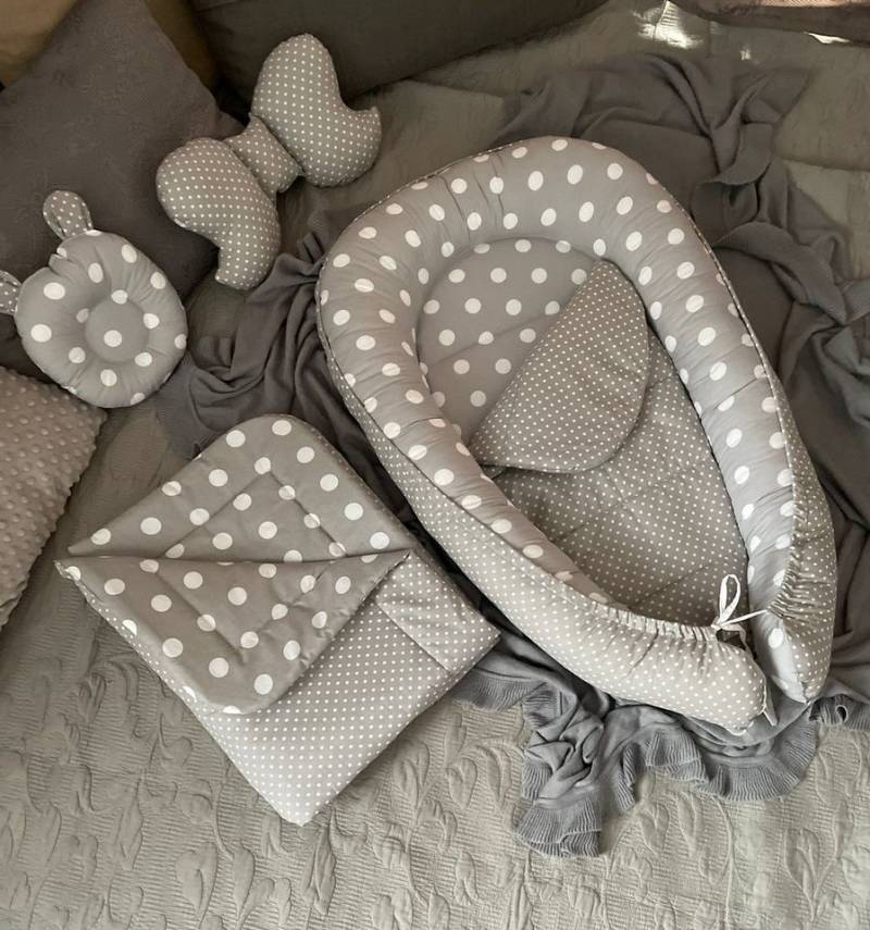 Loolay Bettnestchen Punkte/ Mini Pünktchen GRAU BAUMWOLLE Nestchen SETS, (SOLO oder im SETS, Neugeborene Babyaustattung Geschenk Reisebett Kuschelnest), 100% Europäische Stoffe und Kleinserien-Nähen! von Loolay