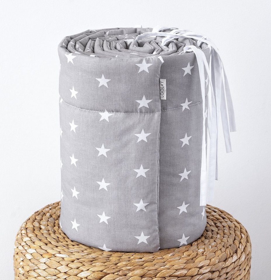 Loolay Bettnestchen STERNE Weiß Baumwolle GRAU Nestchen Babybett BETTUMRANDUNG, (PREMIUM Babyausstattung Erstausstattung für Kinderbett 140x70 o. 120x60 cm, Umrandung Kopfschutz Bett Schutz Bettschlange 420, 360, 210, 180x30cm), Premium GESCHENK für Eltern und Neugeborene Baby! von Loolay
