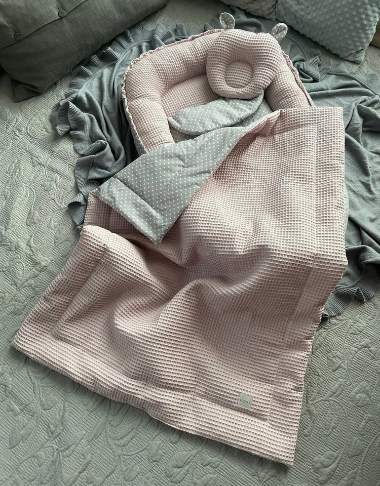 Loolay Bettnestchen WAFFELPIQUE Baumwolle BABYNEST Babykokon Neugeborene Babyaustattung, (Reisebett Nestchen SOLO/ o. in Geschenk SETS, 4-tlg., 4 Jahreszeiten ATMUNGSAKTIVER ROSA WAFFELSTOFF), 100% Europäische Stoffe und Kleinserien-Handnähen! von Loolay