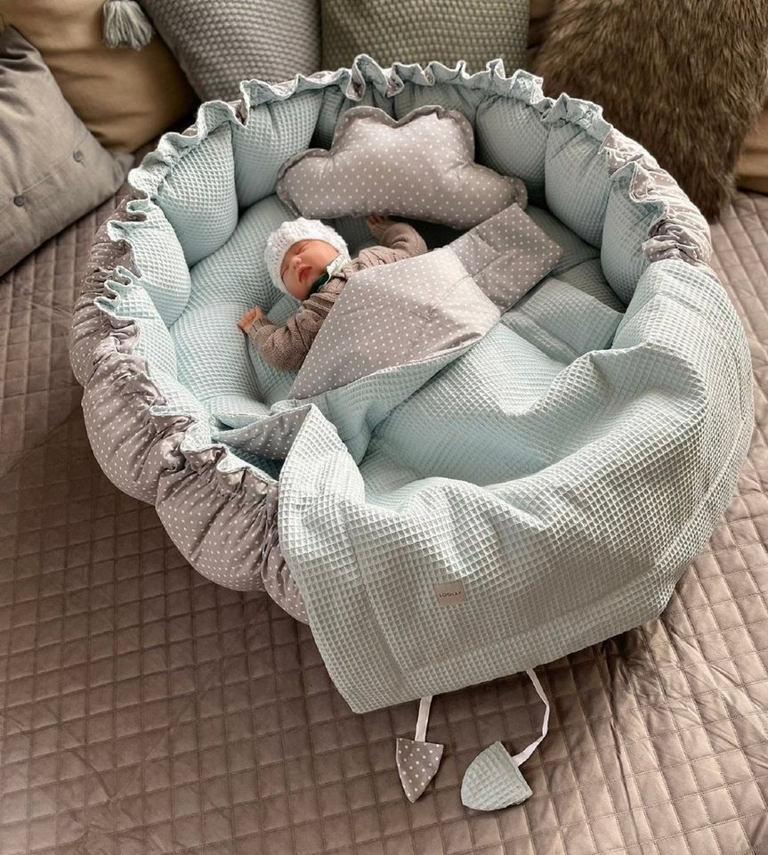 Loolay Bettnestchen Zweiseitig ENGELSNEST XXXL Atmungsaktive WAFFELPIQUE + Decke + Kissen, (als Nestchen Ø90cm, als Krabbeldecke Ø155cm, Kinder Waffel Baumwolle BABYNEST Spielmatte Reisebett Spielunterlage), LOOLAY® - 100% Europäische Stoffe und Kleinserien-Nähen! von Loolay