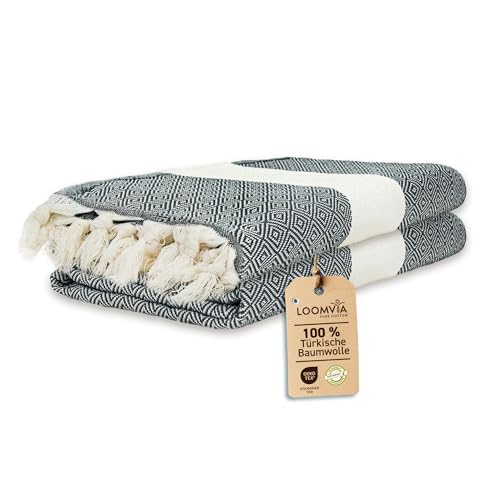Loomvia | 2er Pack | Hamamtuch groß 100x180 aus 100% Baumwolle – Strandtuch, Saunatuch, Badetuch, Saunahandtuch | Saugstark & leicht | Saunatuch Damen & Herren für Strand, Sauna, Bad | Schwarz von Loomvia