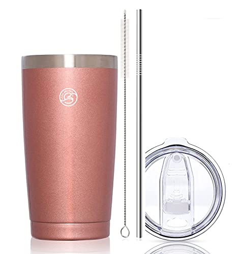 Loon Brands Thermobecher Kaffee To Go aus Edelstahl, VakuumIsolierter Autobecher, Kaffebecher To Go, Doppelwandige Reisebecher mit Spritzfestem Deckel, Strohhalm und Rohrbürste (500ml, Rose Gold) von Loon Brands