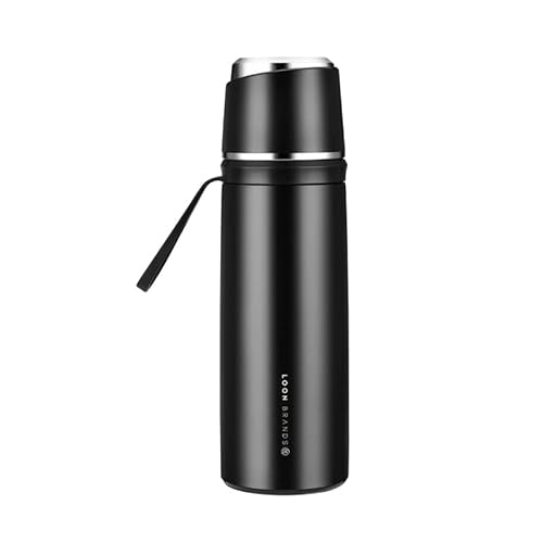 Loon Brands Thermosflasche mit Becher - Thermobecher 500ml - Trinkflasche Edelstahl 100% Auslaufsicher Isolierbecher doppelwandig - ultraleicht Thermoskanne für Büro, Sport, Outdoor (Black) von Loon Brands