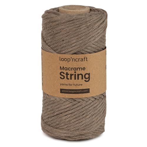 Makramee Garn Dunkel Beige, Loopncraft, 3mm - 80m, Einstrangig Natur Baumwollkordel, Recycling Garn von Loopncraft