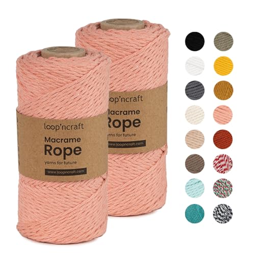 Macrame Garn, 2er-Set Lachsrosa, Loopncraft, 2mm - 240m, gedrehte Natürliche Baumwollseil, Recycling Garn von Loopncraft
