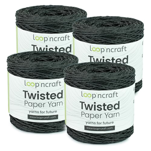 Papiergarn 4er-Set, Schwarz, Loopncraft, 1000m - 600g, Twisted Paper Yarn, Natürliches Papierkordel von Loopncraft