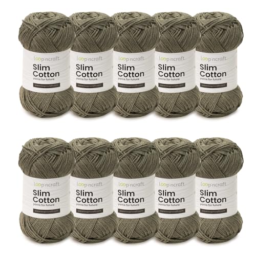 Slim Cotton 10er-Set, Khaki-Farbe, Loopncraft, 10 X 50g, Amigurumi Baumwolle Garn, Recycling Garn von Loopncraft