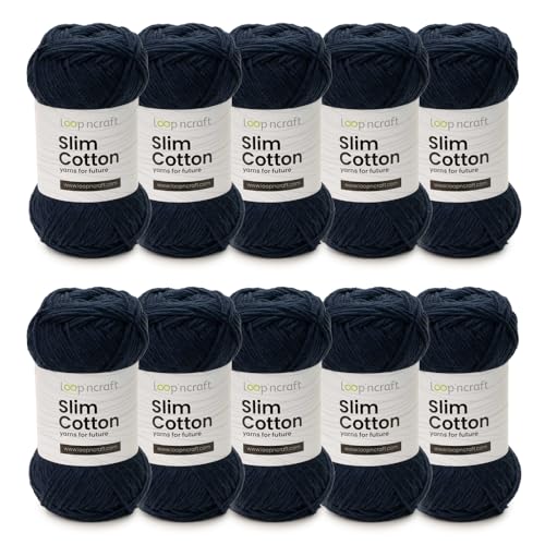 Slim Cotton 10er-Set, Marineblau, Loopncraft, 10 X 50g, Amigurumi Baumwolle Garn, Recycling Garn von Loopncraft