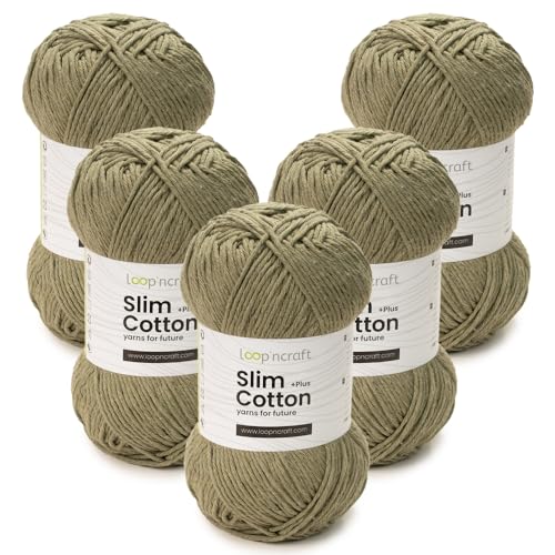 Slim Cotton Plus 5er-Set, Khaki-Farbe, Loopncraft, 5 X 100g, Amigurumi Baumwolle Garn, Recycling Garn von Loopncraft