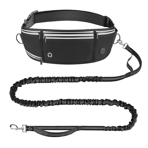 Looxmeer Joggingleine Hunde mit Bauchgurt, Freihändig Hundeleine für Große und Mittelgroße Hunde mit Dual Griffe, Reflektierende Laufleine Bauchgurt Hundeleine zum JoggenLaufen, 1.6-2.2M, Schwarz von Looxmeer