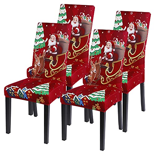 Loozykit Weihnachten Stuhlhussen 4er/6er Set Stretch Stuhlbezug Universal Moderne Xmas Festlich Stuhl Husse Dekoration Protector Strech Chair Cover für Esszimmer Party Banquet Restaurant (Rot-2, 4pcs) von Loozykit