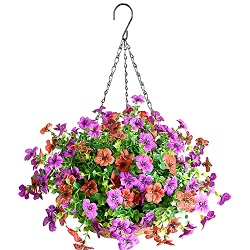 Lopkey Künstlicher Hängekorb, künstliche Blumen, UV-beständige Rose, Eukalyptus-Pflanzen in 25,4 cm, Kokosnussfutter, Hängekörbe für den Innen- und Außenbereich, Terrasse, Rasen, Garten, Dekoration von Lopkey