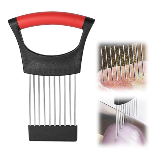 Zwiebelschneider Schneidehilfe,2025 Neu Zwiebelschneider Halter aus Edelstahl, Zwiebelhalter zum Schneiden Schnitthilfe Halterführung Kitchen Gadgets Chopper Slicing Assistant Tool (Rot) von Lopreg