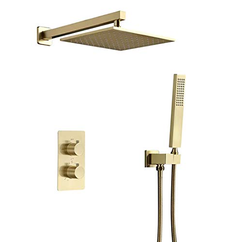 Lopus Duschsystem, Wand montiertes Thermostat Messing Duscharmaturen aus gebürstetem Gold mit 10-12"Messing Quadrat Regenduschkopf und Handbrause, Luxus Duschset,12 inch von Lopus