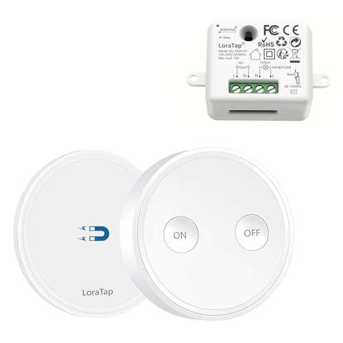 LoraTap Funk Lichtschalter Set mit 1 Fernbedienung und 1 Empfänger, 230V Funk Einbauschalter für Licht & Geräte bis 2300W, Drahtlose Steuerung ohne Zusatzverkabelung, 200 m Reichweite, ohne WLAN von LoraTap