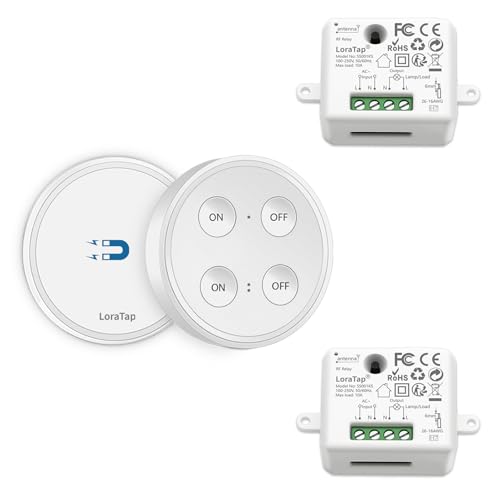 LoraTap Funk Lichtschalter Set mit 1 Fernbedienung und 2 Empfängern, 230V Funk Schalter für Licht & Geräte bis 2300W, 200 m Reichweite, Drahtlose Steuerung ohne Zusatzverkabelung von LoraTap