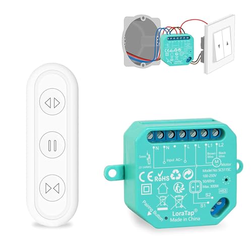 LoraTap Funk Rolladensteuerung Nachrüstset, für Rolladen, Jalousien und Markisen, bestehend aus RF Fernbedienung + Empfänger Modul, leichte Montage von LoraTap