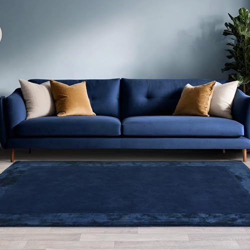 Ascot Teppich für Wohnzimmer Schlafzimmer weiche Wolle, einfarbig, handgewebt, Hochglanz-Viskose, Bordüre, Marineblau, Größe S, 80 x 150 cm von Lord of Rugs