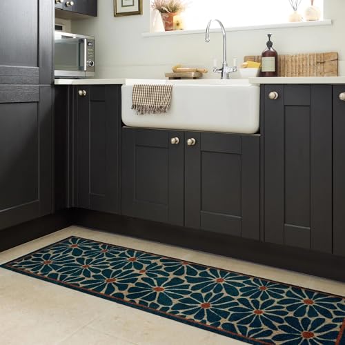 Lord of Rugs Waschbare Fußmatte für Eingangsbereich, Flur, Läufer, Bad oder Küche, leicht zu reinigen, langlebig, saugfähig, schmutzabweisend, Boho-Blumenmuster, Blau, 50 x 150 cm von Lord of Rugs