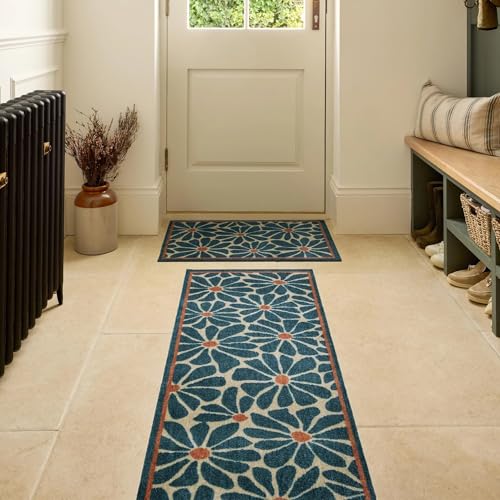 Lord of Rugs Waschbare Fußmatte für Eingangsbereich, Flur, Läufer, Bad oder Küche, leicht zu reinigen, langlebig, saugfähig, schmutzabweisend, schmutzabweisend, Boho-Blumenmuster, Blau, 50 x 75 cm von Lord of Rugs