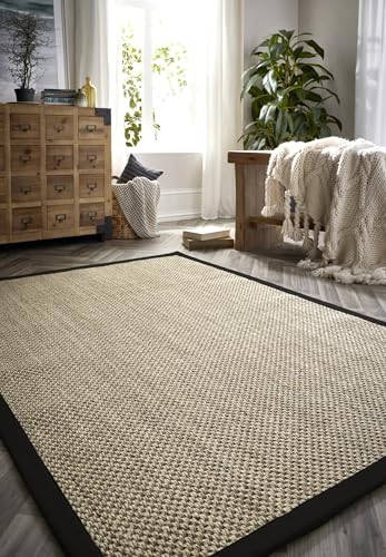 Sisalteppich, rutschfest, handgefertigt, Naturfaser, Flachgewebe, Schlafzimmer, Küche, Esszimmer, Wohnzimmer, einfarbig, Hellbeige mit schwarzer Bordüre, Größe XL 200 x 290 cm von Lord of Rugs