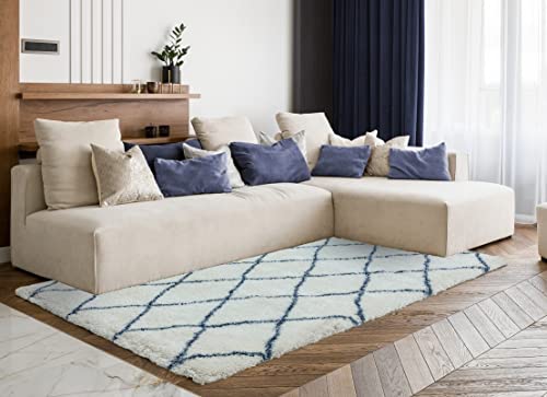 LordofRugs Alto Morrocan Boho Scandi Tribal Soft Hochflor Qualität Shaggy Teppich Groß 160 x 230 cm AL03 Creme/Blau von Lord of Rugs