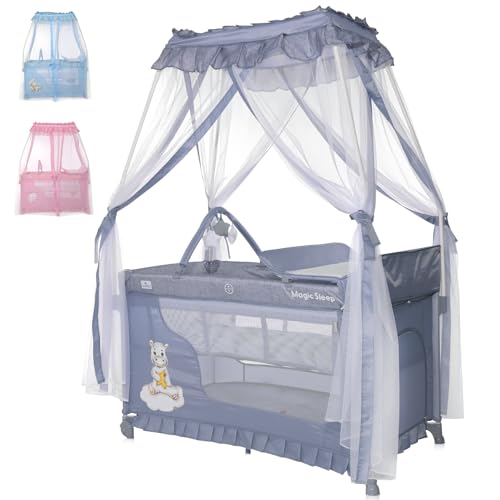 Lorelli 3 in 1 Babybett und Laufstall, Baldachin Betthimmel Magic Sleep mit 2 Ebenen, Kinderbett ab Geburt, Baby Reisebett, Wickelauflage, Rollen, Tasche, grau von Lorelli