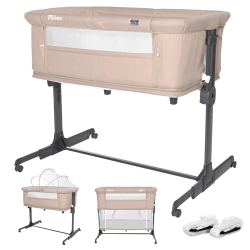 Lorelli Baby Beistellbett Milano 2 in 1, Reisebett, Babybett, Stubenwagen mit faltbaren Seitenwand, höhenverstellbare Babywiege mit Matratze, faltbar, Zustellbett, Rollen, 0-6 Monate, beige von Lorelli