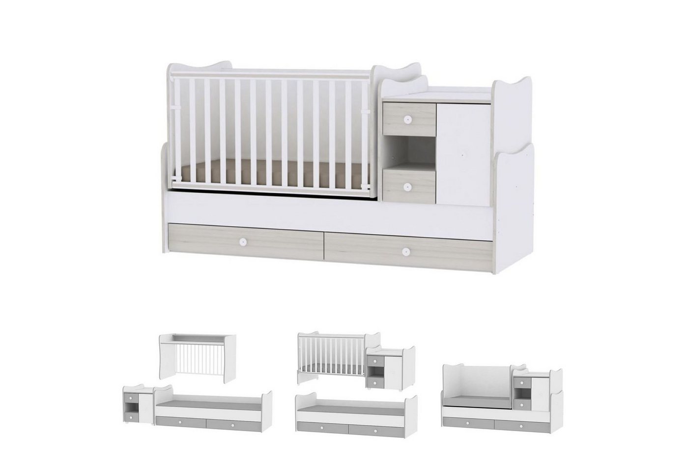 Lorelli Komplettbett Baby- und Kinderbett Mini Max, 3 in 1, umbaubar, für 2 Kinder gleichzeitig von Lorelli