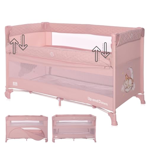 Lorelli 3 in 1 Babybett, Beistellbett und Laufstall Up and Down, Kinderbett mit 2 Ebenen, Seiteneingang und Faltbarer Seitenwand, Baby Reisebett, rosa von Lorelli