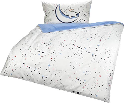 Lorena Lorenchen Mako-Satin Kinderbettwäsche Luna mit Hasen-Motiv 100% Baumwolle (Hellblau, 135x200 + 80x80 cm) von Lorena