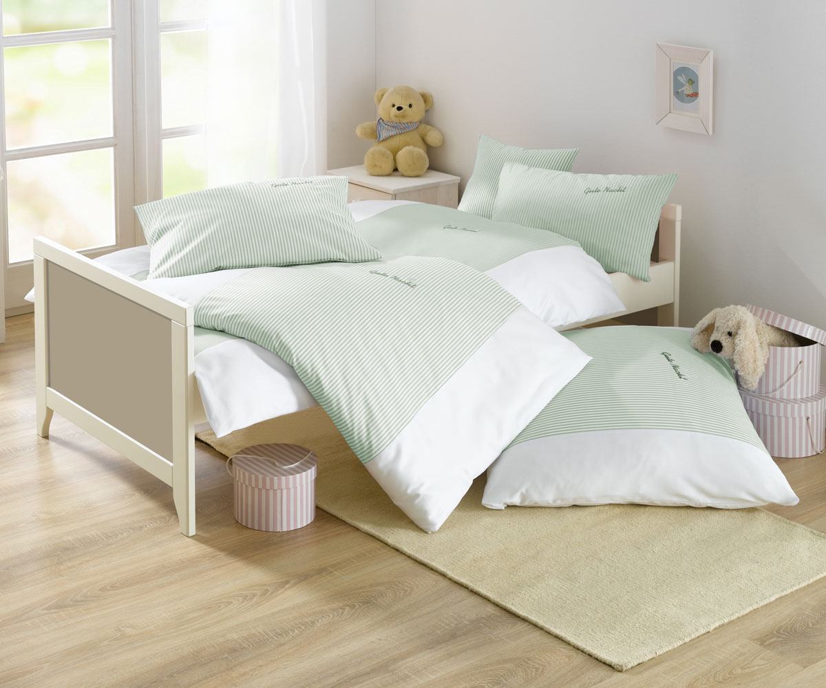 Lorena Mako-Batist Streifen Kinder-Bettwäsche Gute Nacht Grün Garnitur 100x135cm Lorena Mako-Batist Streifen Kinder-Bettwäsche Gute Nacht Grün Garnitur 100x135cm von Lorenchen
