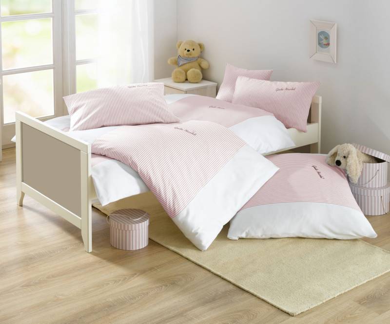 Lorena Mako-Batist Streifen Kinder-Bettwäsche Gute Nacht Rosa Garnitur 100x135cm von Lorenchen