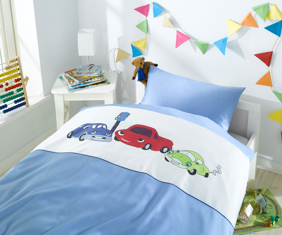 Lorena Mako-Satin Kinder-Bettwäsche Car Race Blau Garnitur 100x135cm Lorena Mako-Satin Kinder-Bettwäsche Car Race Blau Garnitur 100x135cm von Lorenchen