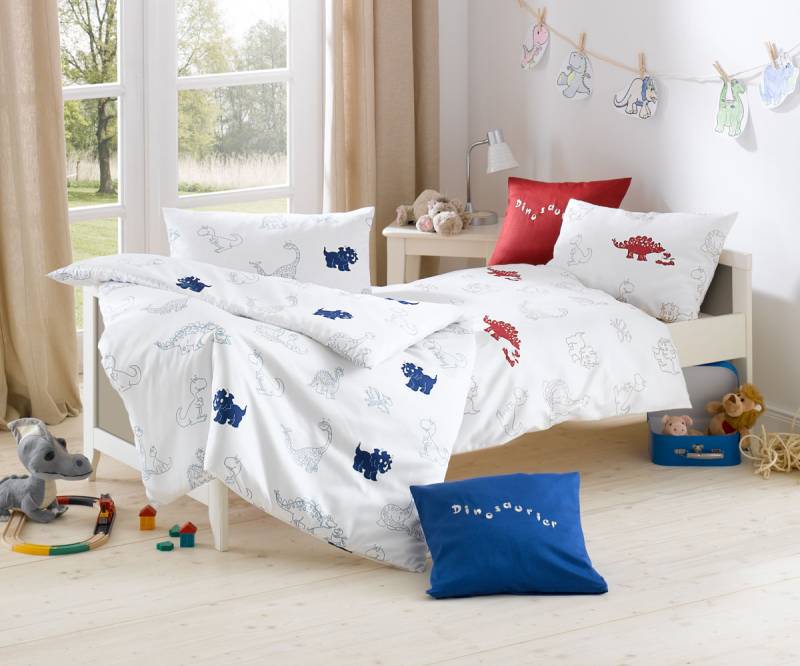 Lorena Mako-Satin Kinder-Bettwäsche Dinosaurier Rot Garnitur 100x135cm von Lorenchen