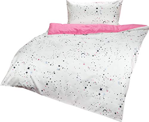 Lorenchen/Lorena Mako-Satin Kinderbettwäsche Sternenhimmel in rosa oder blau mit Nachthimmel-Motiv für Mädchen und Jungen 100% Baumwolle (135 x 200 cm + 80 x 80 cm, Rosa) von Lorenchen