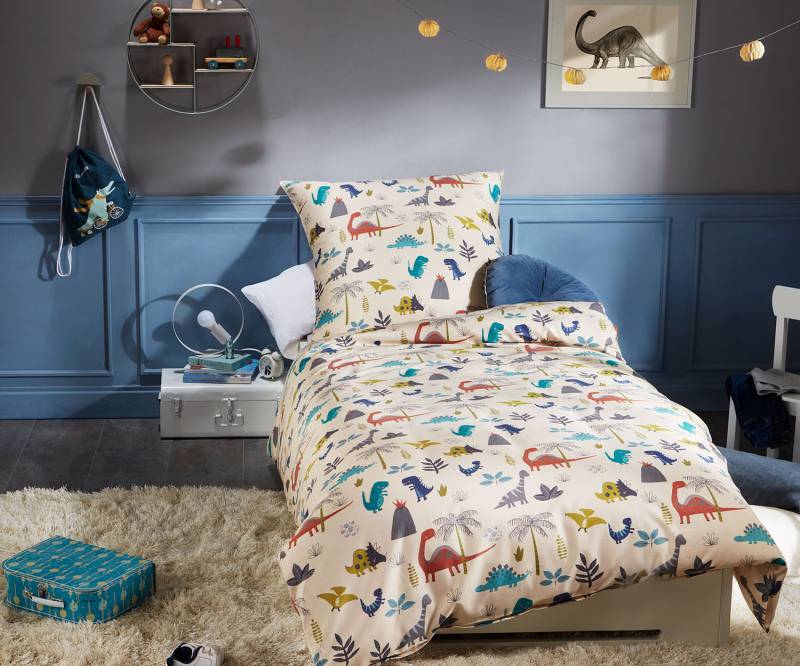 Lorenchen von Lorena Mako-Satin Kinder Bettwäsche Dino World natur 100x135 + 40x60 von Lorenchen