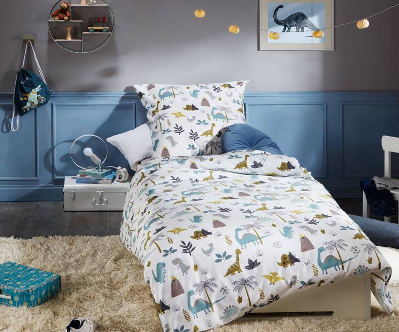 Lorenchen von Lorena Mako-Satin Kinder Bettwäsche Dino World weiß 100x135 + 40x60 von Lorenchen