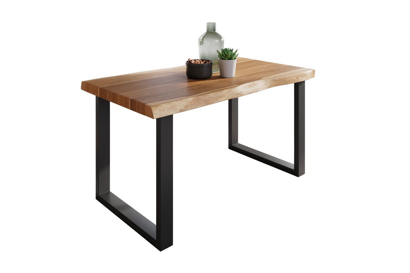 Loreno® Baumkantentisch Atlas (1 Tischplatte und 2 Gestelle), massives Akazienholz, natürliche Baumkante, Metallgestell U-Form von Loreno®