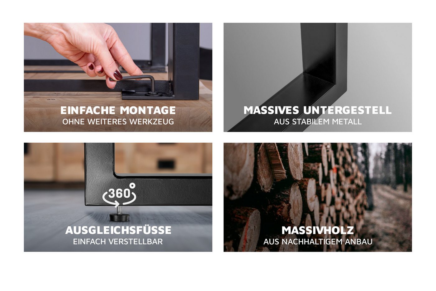 Loreno® Baumkantentisch Atlas (1 Tischplatte und 2 Gestelle), massives Akazienholz, natürliche Baumkante, Metallgestell U-Form von Loreno®