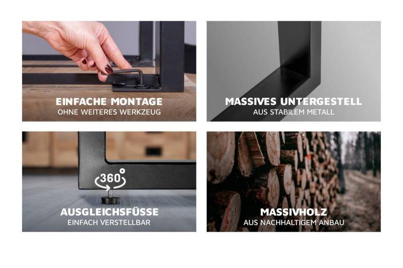 Loreno® Baumkantentisch Atlas (1 Tischplatte und 2 Gestelle), massives Akazienholz, natürliche Baumkante, Metallgestell U-Form von Loreno®