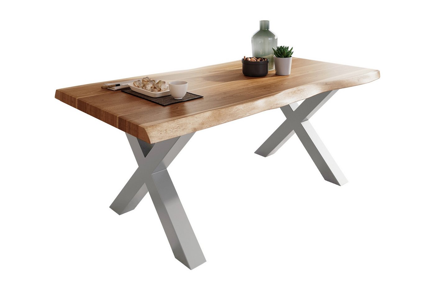 Loreno® Baumkantentisch Atlas, massives Akazienholz, natürliche Baumkante, Metallgestell X-Form von Loreno®
