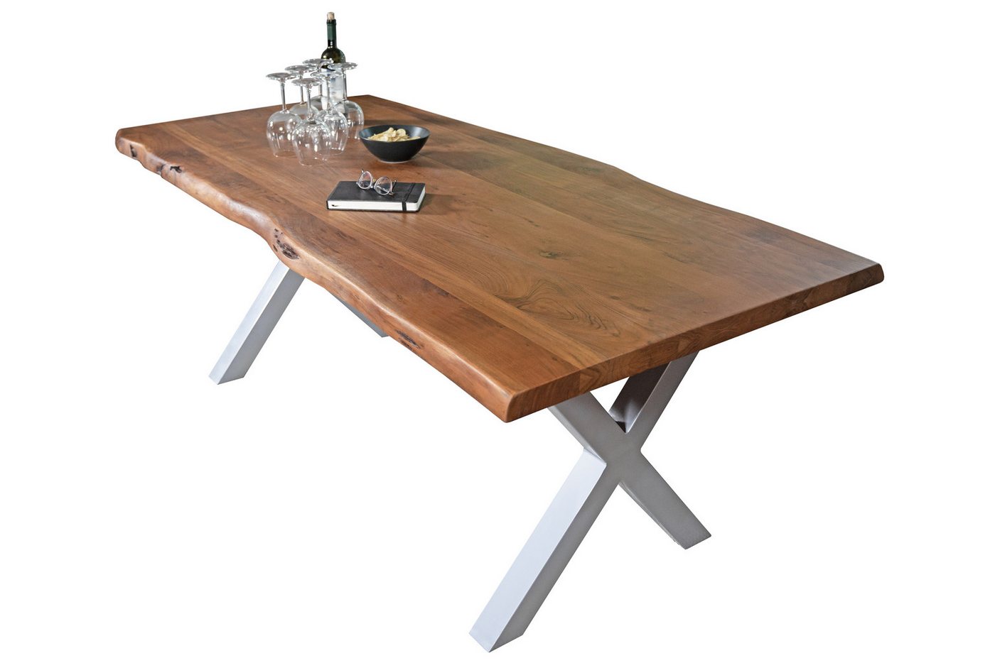 Loreno® Baumkantentisch Cali, Akazienholz massiv, in Nussbaum- oder Naturfarben, X-Gestell in Schwar von Loreno®